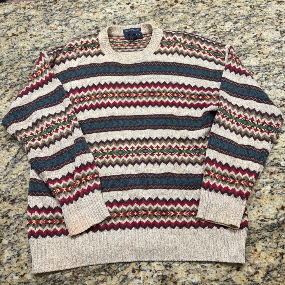 Gant Hand Framed Mens Large Cotton Fair Isle Geometric Crewneck Sweater Vintage